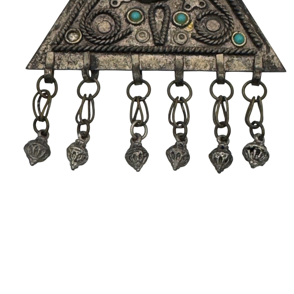 Vintage Handmade Pendant Israel Green Turquoise Silver Tone Dangles Triangle 4”