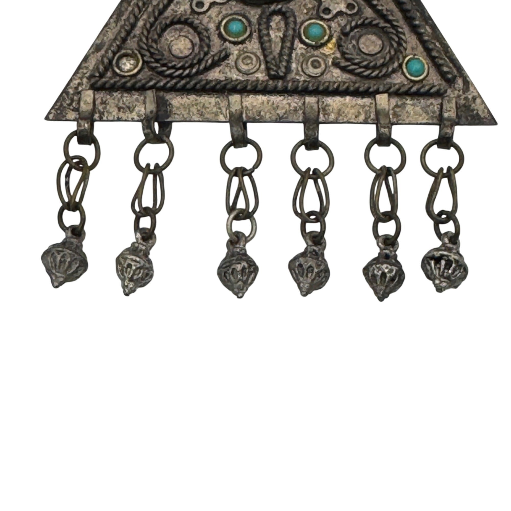 Vintage Handmade Pendant Israel Green Turquoise Silver Tone Dangles Triangle 4”