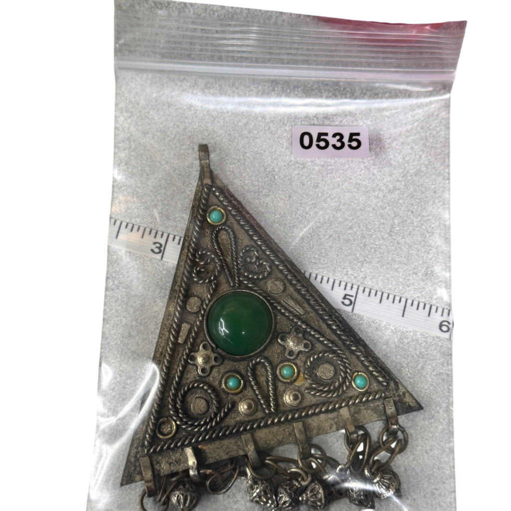 Vintage Handmade Pendant Israel Green Turquoise Silver Tone Dangles Triangle 4”