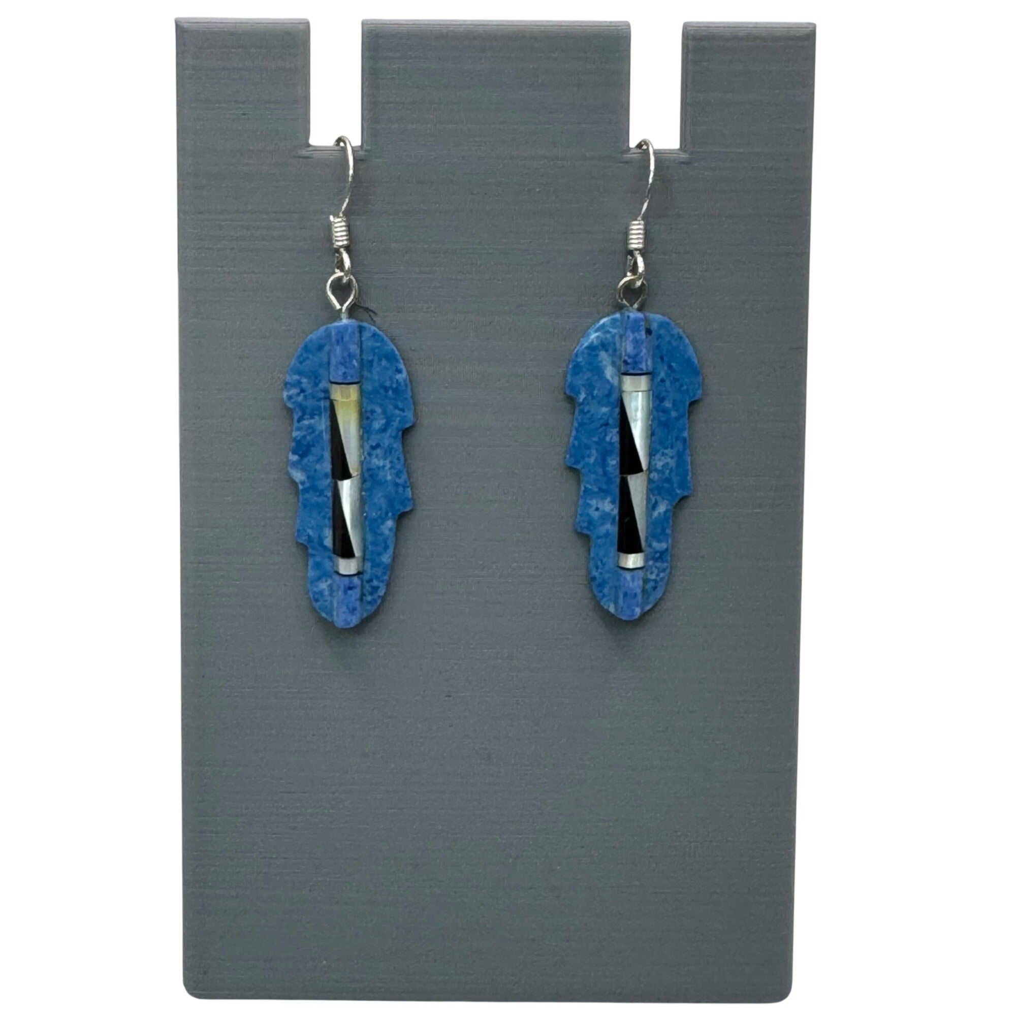 Blue Feather Carved Turquoise Onyx Abalone Inlay Earrings Sterling Southwestern