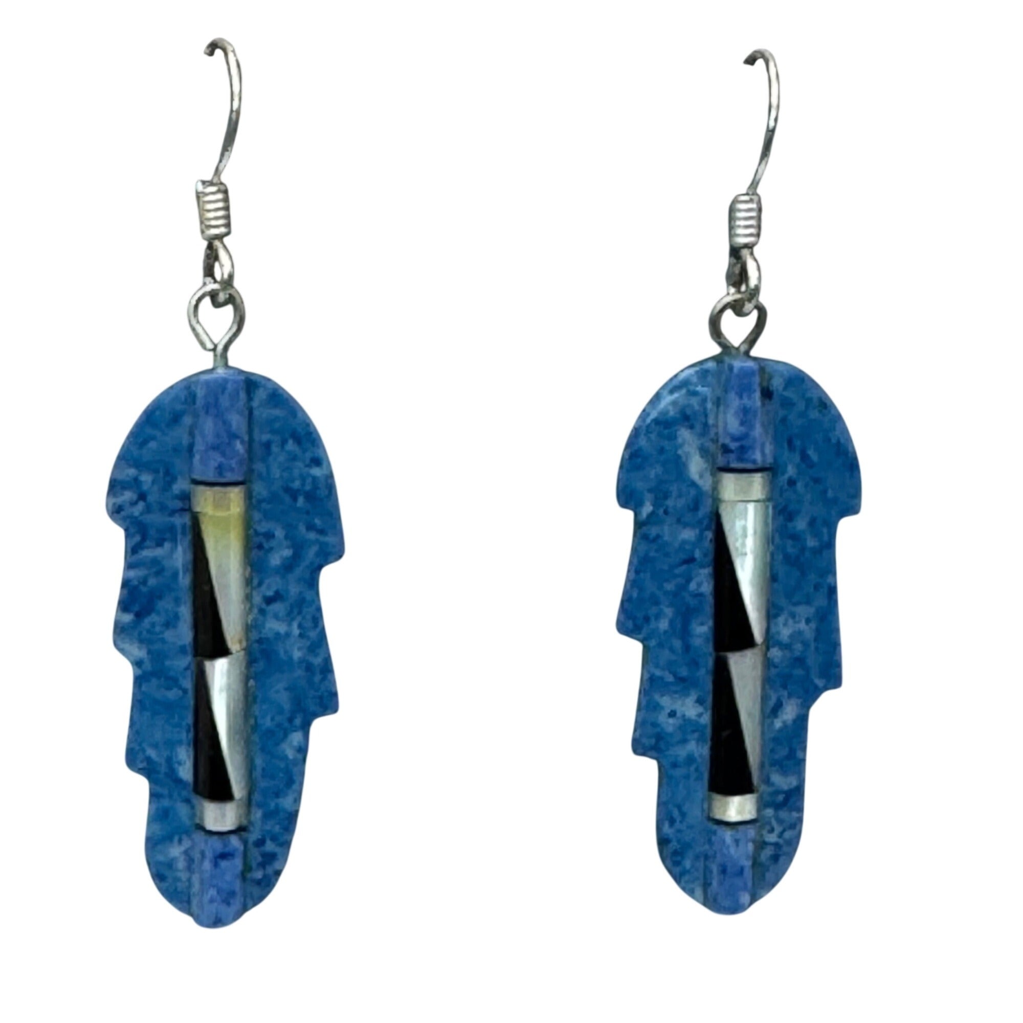 Blue Feather Carved Turquoise Onyx Abalone Inlay Earrings Sterling Southwestern