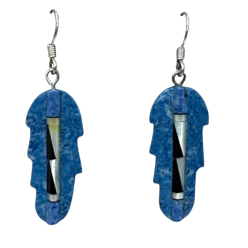Blue Feather Carved Turquoise Onyx Abalone Inlay Earrings Sterling Southwestern