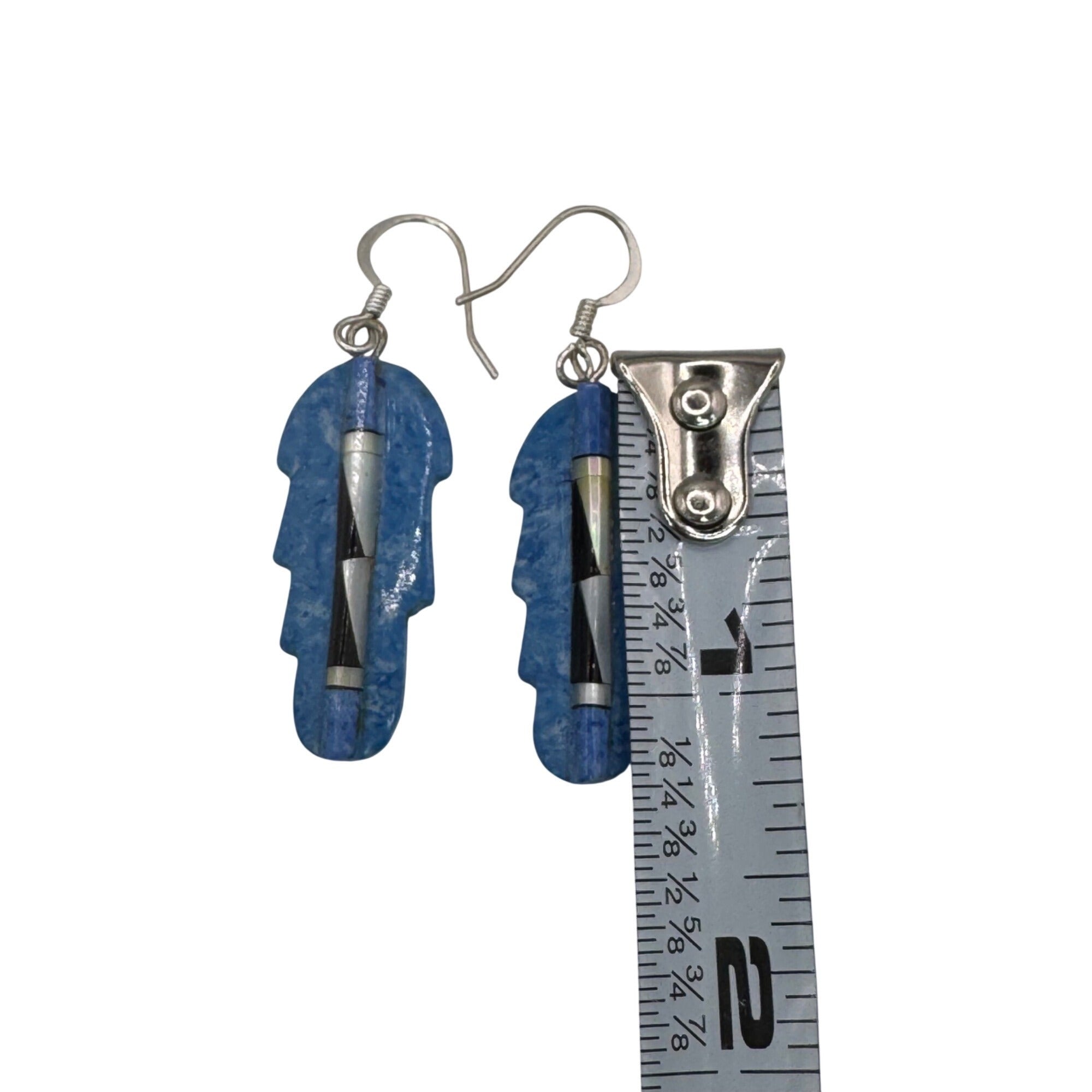 Blue Feather Carved Turquoise Onyx Abalone Inlay Earrings Sterling Southwestern