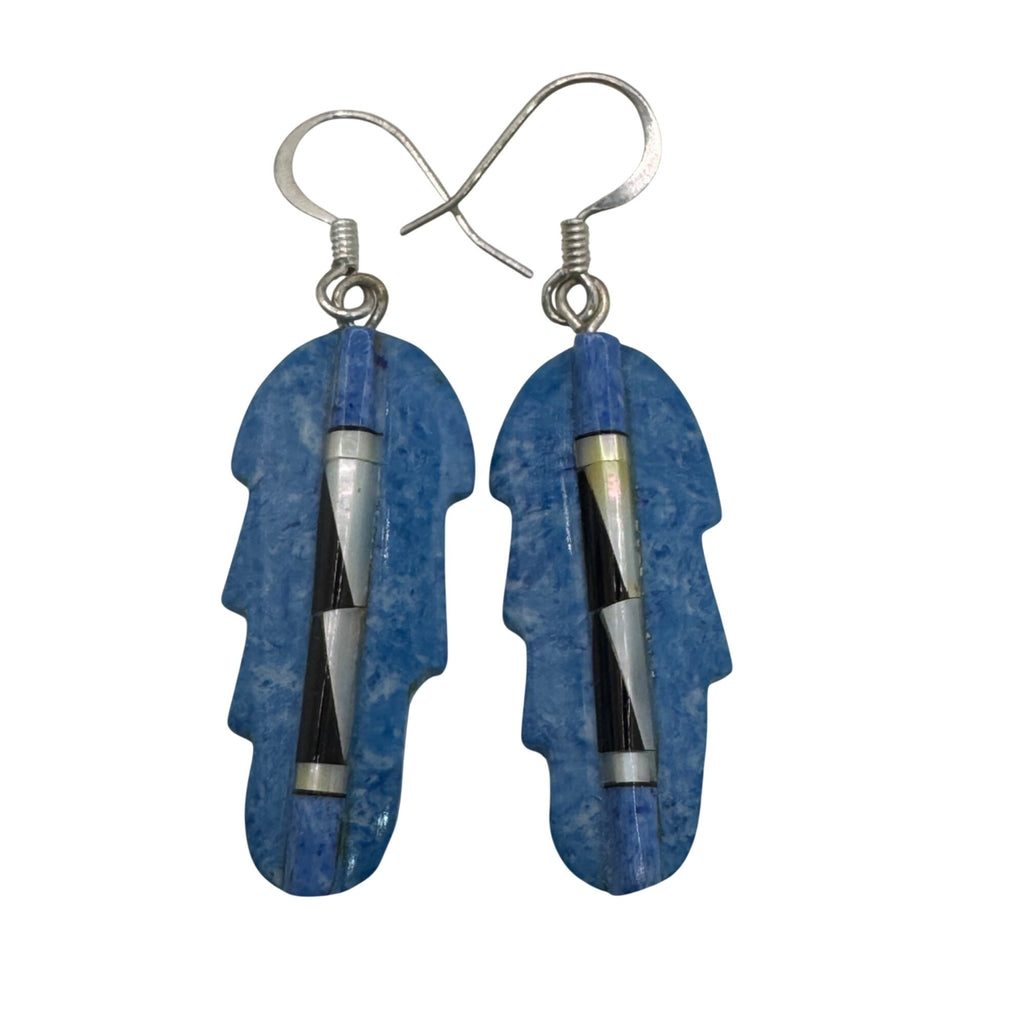 Blue Feather Carved Turquoise Onyx Abalone Inlay Earrings Sterling Southwestern