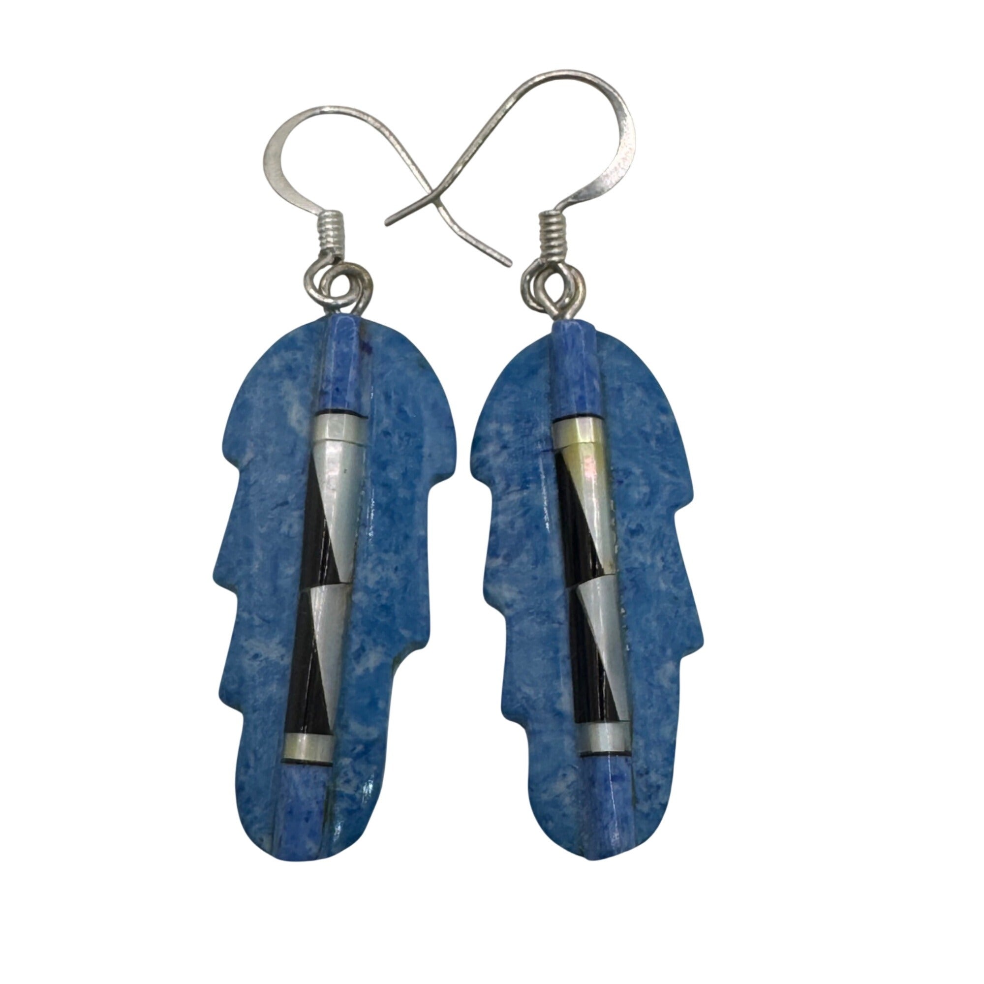 Blue Feather Carved Turquoise Onyx Abalone Inlay Earrings Sterling Southwestern