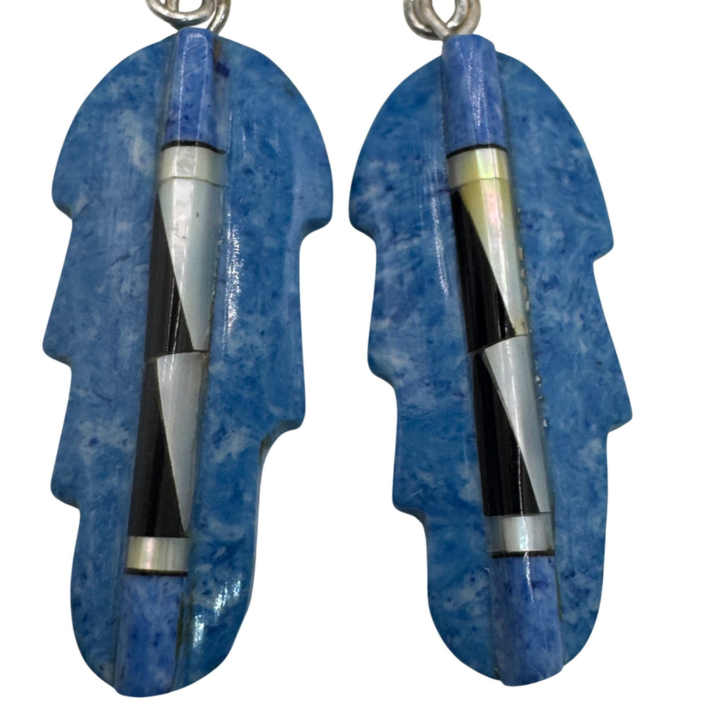 Blue Feather Carved Turquoise Onyx Abalone Inlay Earrings Sterling Southwestern