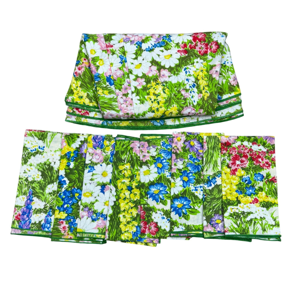 Vintage Floral Tablecloth 8 Napkins Set Round 71" Bright Wildflower MCM Boho