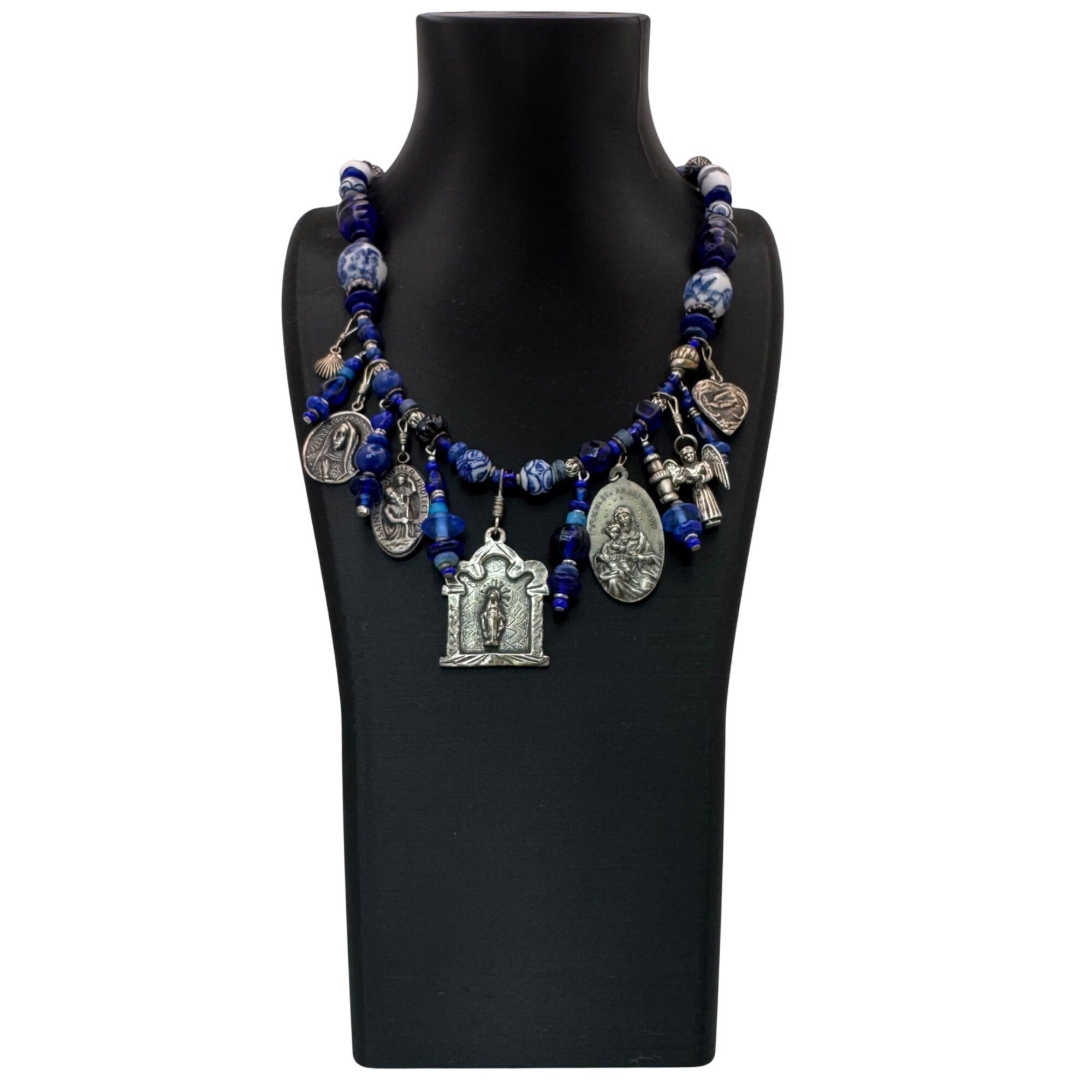 Blue Glass & Religious Medal Charm Necklace Catholic Italy 22" Immaculate Heart