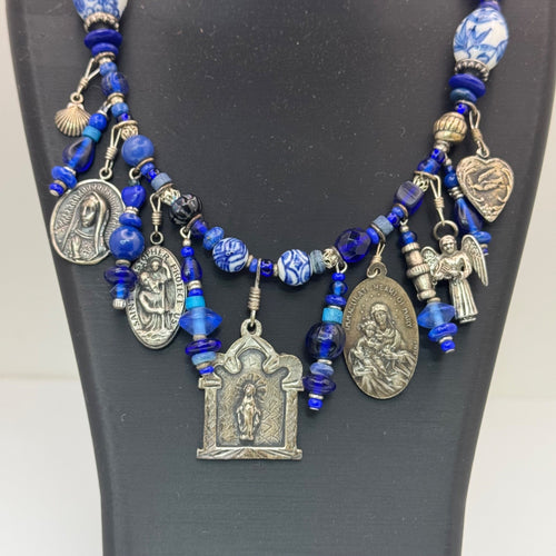 Blue Glass & Religious Medal Charm Necklace Catholic Italy 22" Immaculate Heart