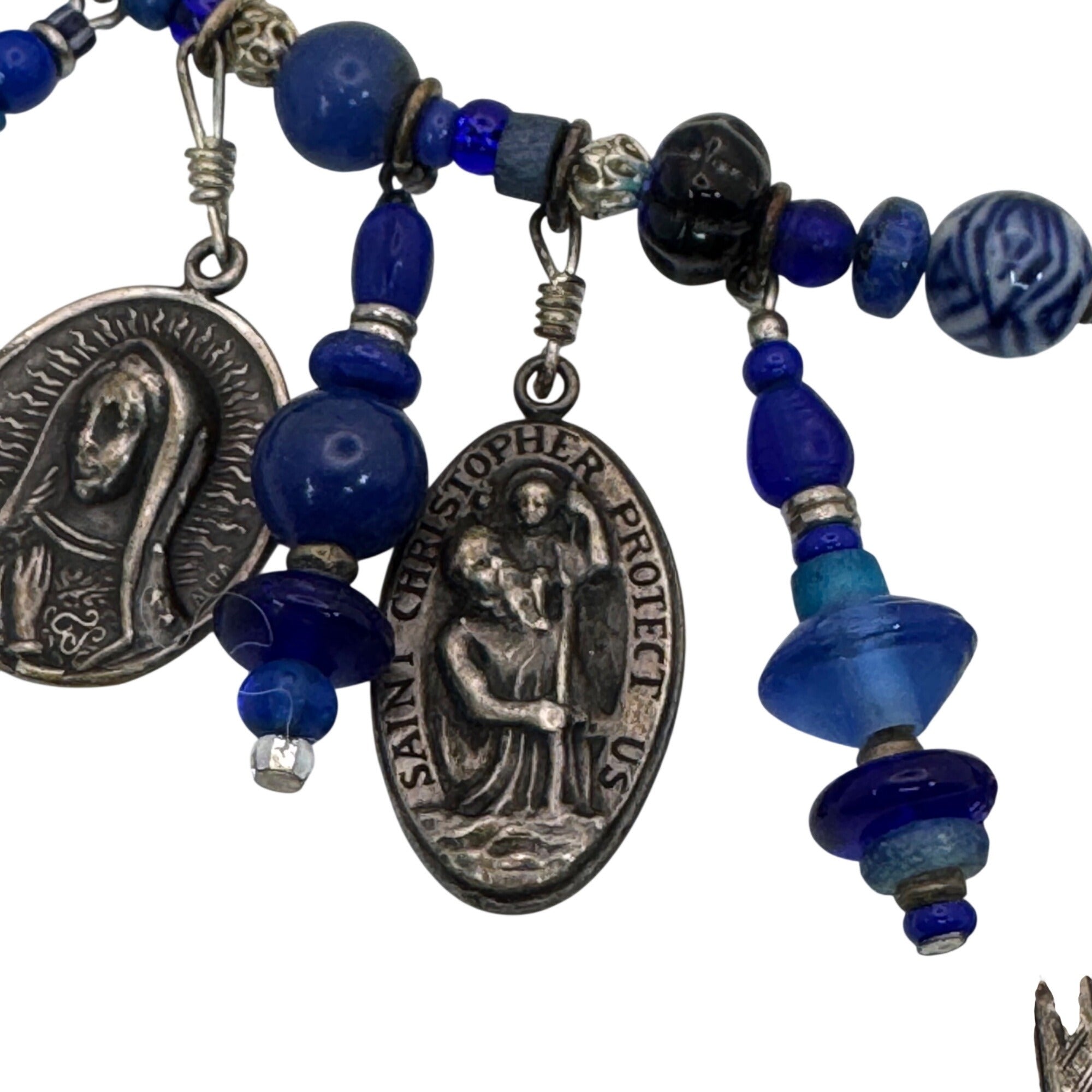 Blue Glass & Religious Medal Charm Necklace Catholic Italy 22" Immaculate Heart