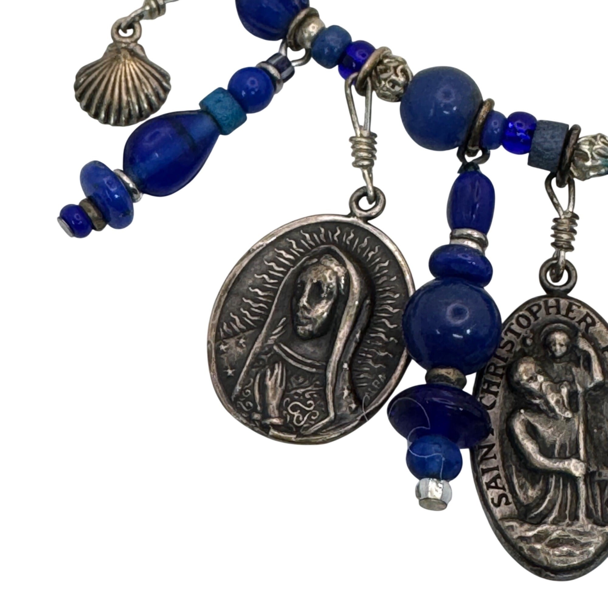 Blue Glass & Religious Medal Charm Necklace Catholic Italy 22" Immaculate Heart