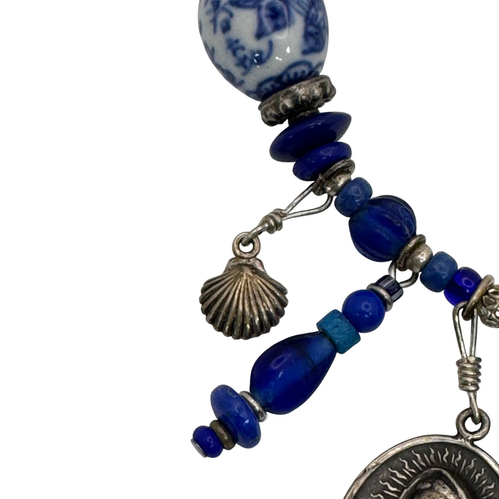 Blue Glass & Religious Medal Charm Necklace Catholic Italy 22" Immaculate Heart