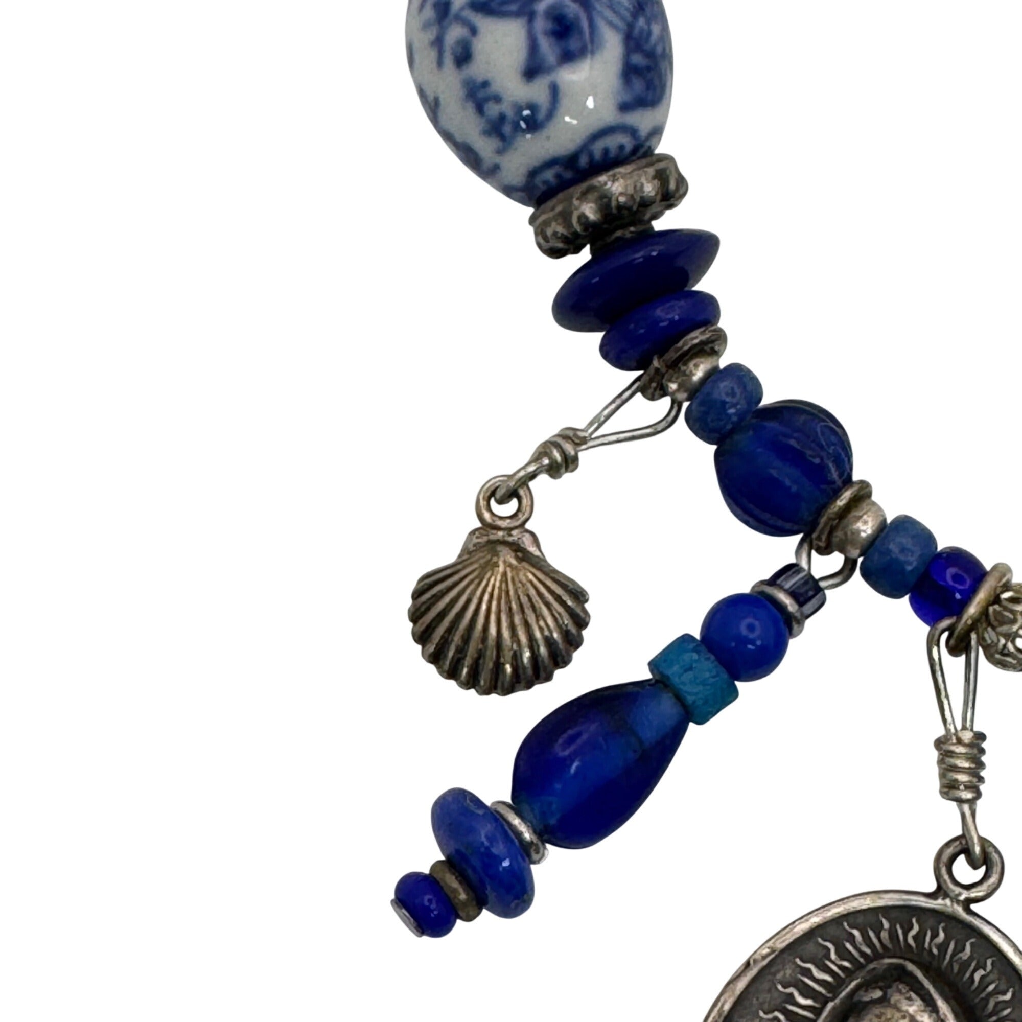 Blue Glass & Religious Medal Charm Necklace Catholic Italy 22" Immaculate Heart