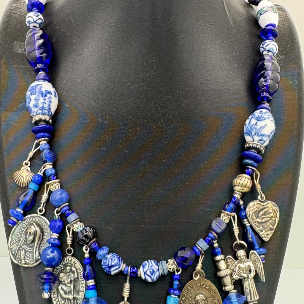 Blue Glass & Religious Medal Charm Necklace Catholic Italy 22" Immaculate Heart