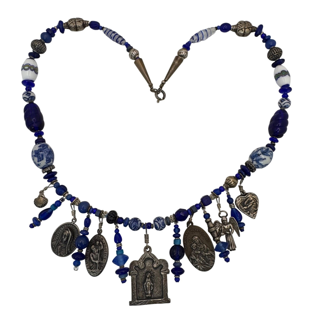 Blue Glass & Religious Medal Charm Necklace Catholic Italy 22" Immaculate Heart