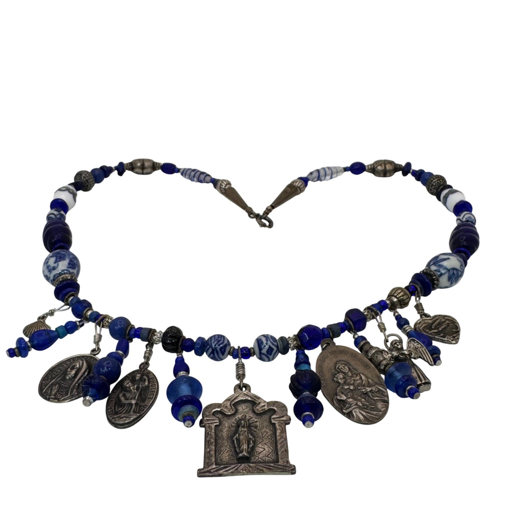 Blue Glass & Religious Medal Charm Necklace Catholic Italy 22" Immaculate Heart