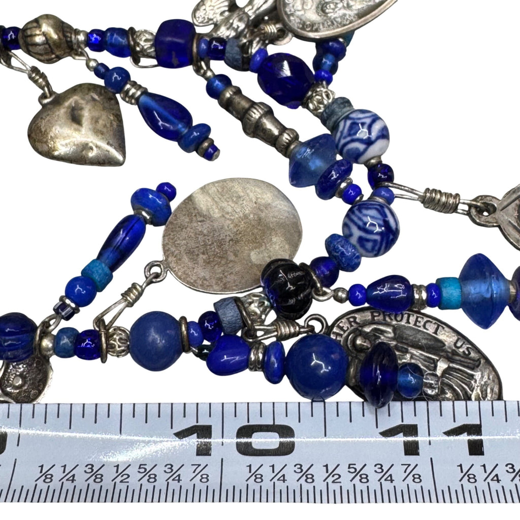 Blue Glass & Religious Medal Charm Necklace Catholic Italy 22" Immaculate Heart