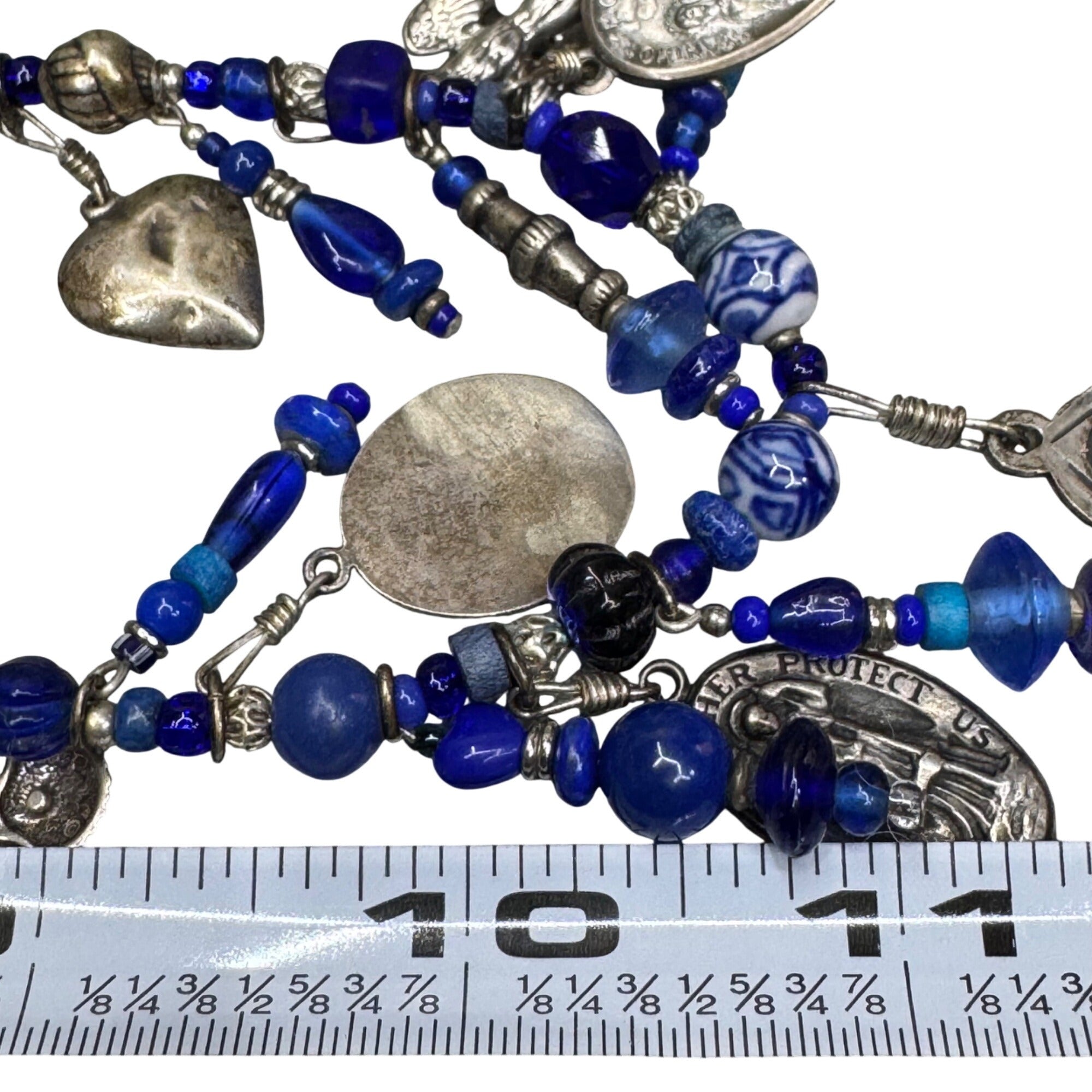Blue Glass & Religious Medal Charm Necklace Catholic Italy 22" Immaculate Heart