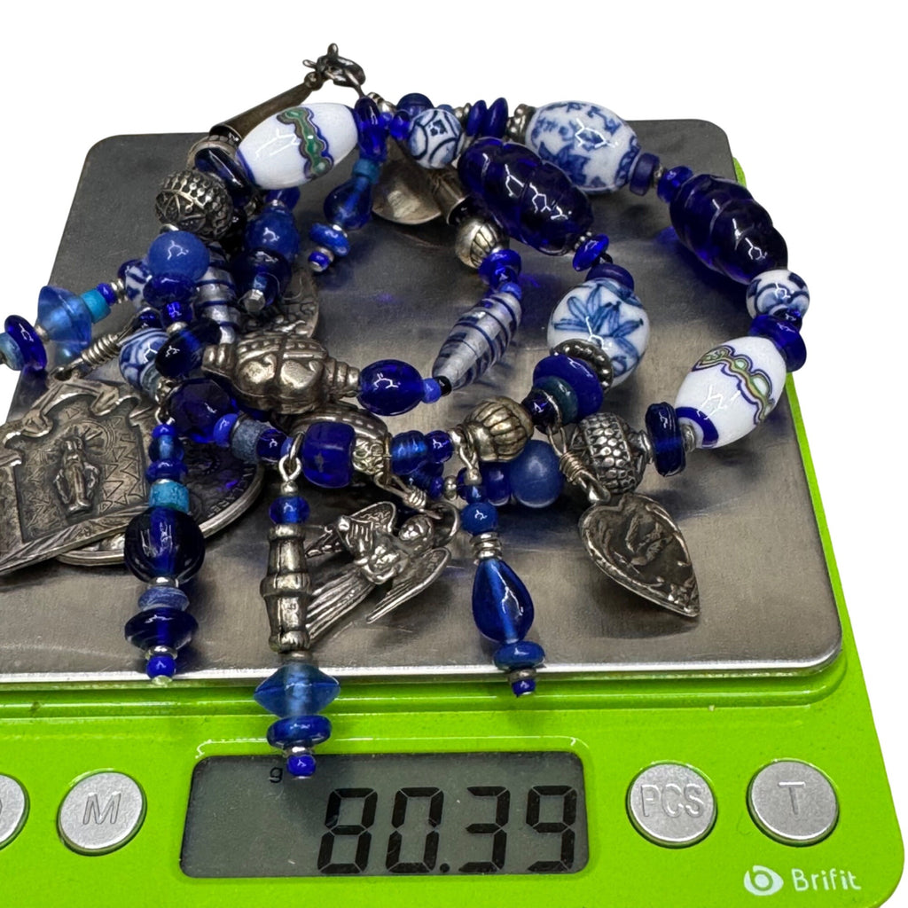 Blue Glass & Religious Medal Charm Necklace Catholic Italy 22" Immaculate Heart