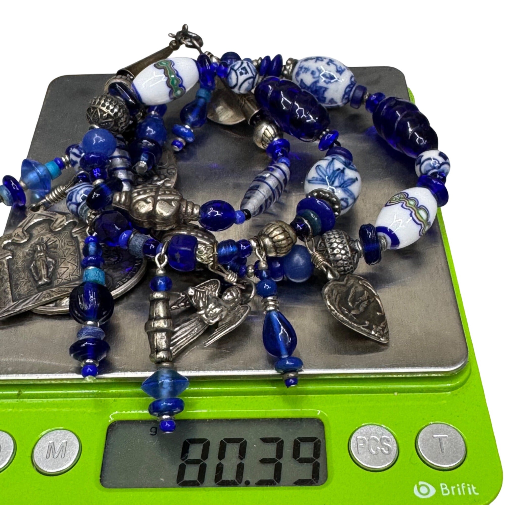 Blue Glass & Religious Medal Charm Necklace Catholic Italy 22" Immaculate Heart