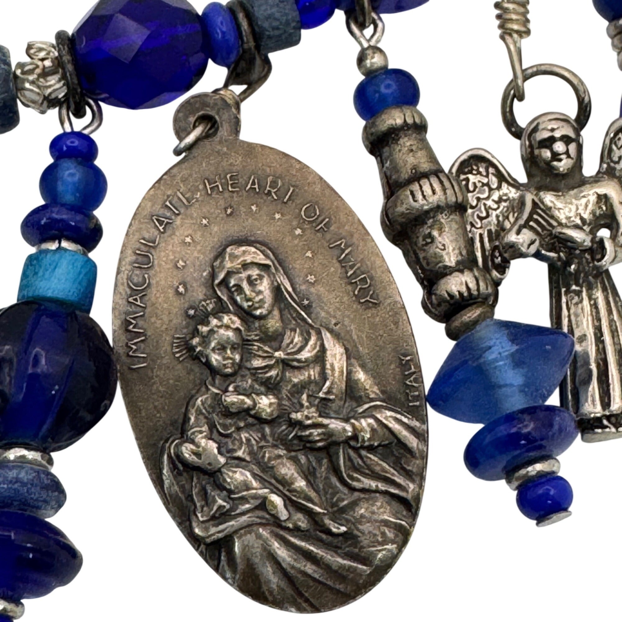 Blue Glass & Religious Medal Charm Necklace Catholic Italy 22" Immaculate Heart