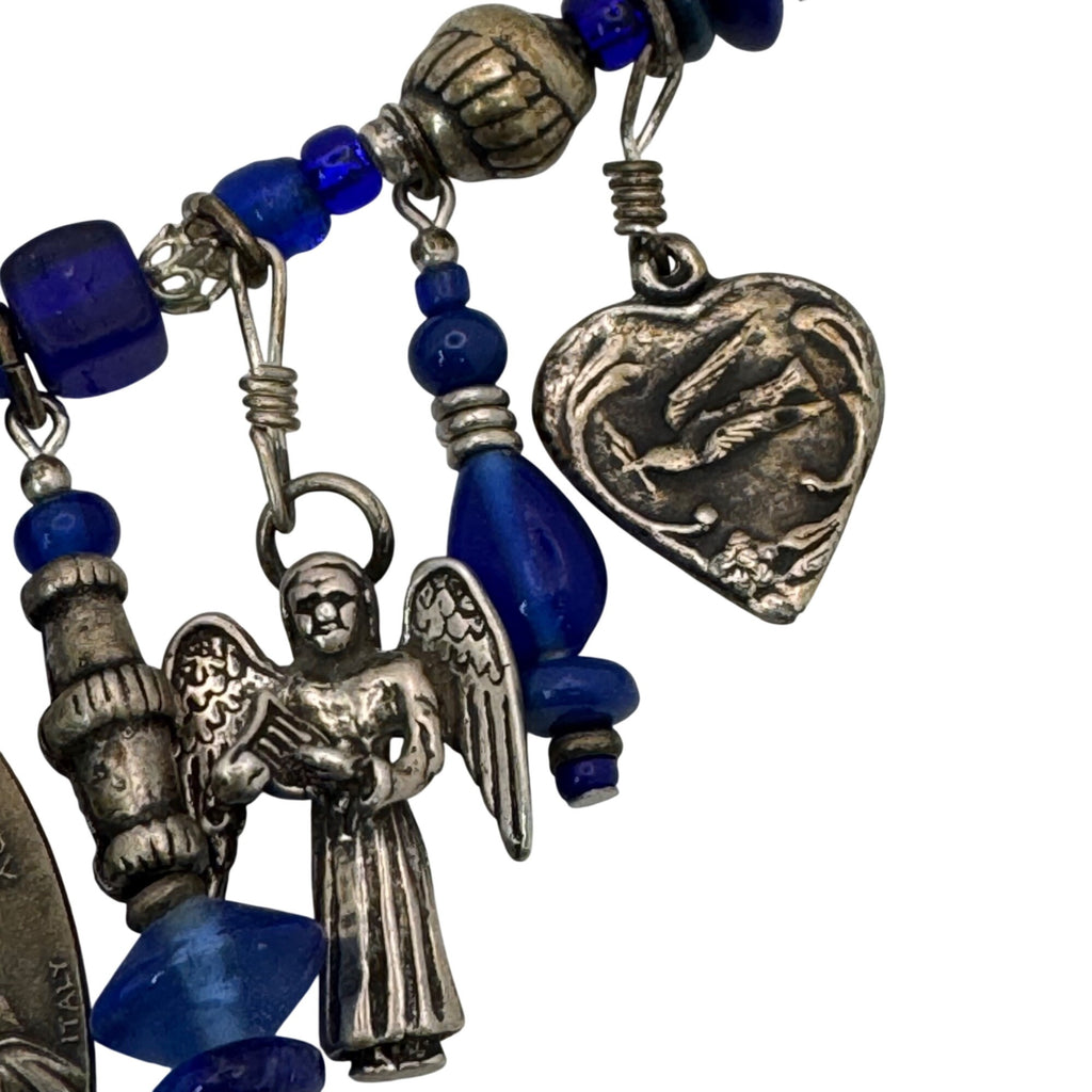 Blue Glass & Religious Medal Charm Necklace Catholic Italy 22" Immaculate Heart