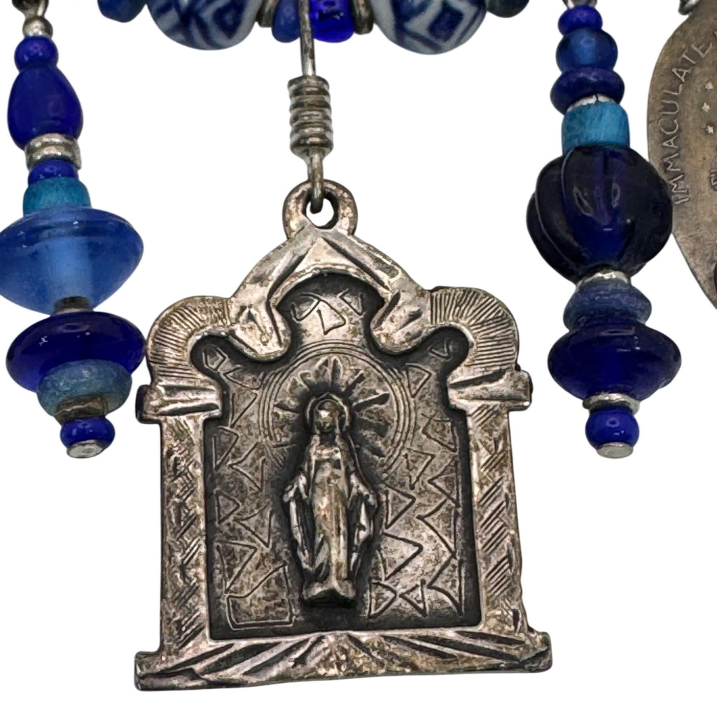 Blue Glass & Religious Medal Charm Necklace Catholic Italy 22" Immaculate Heart