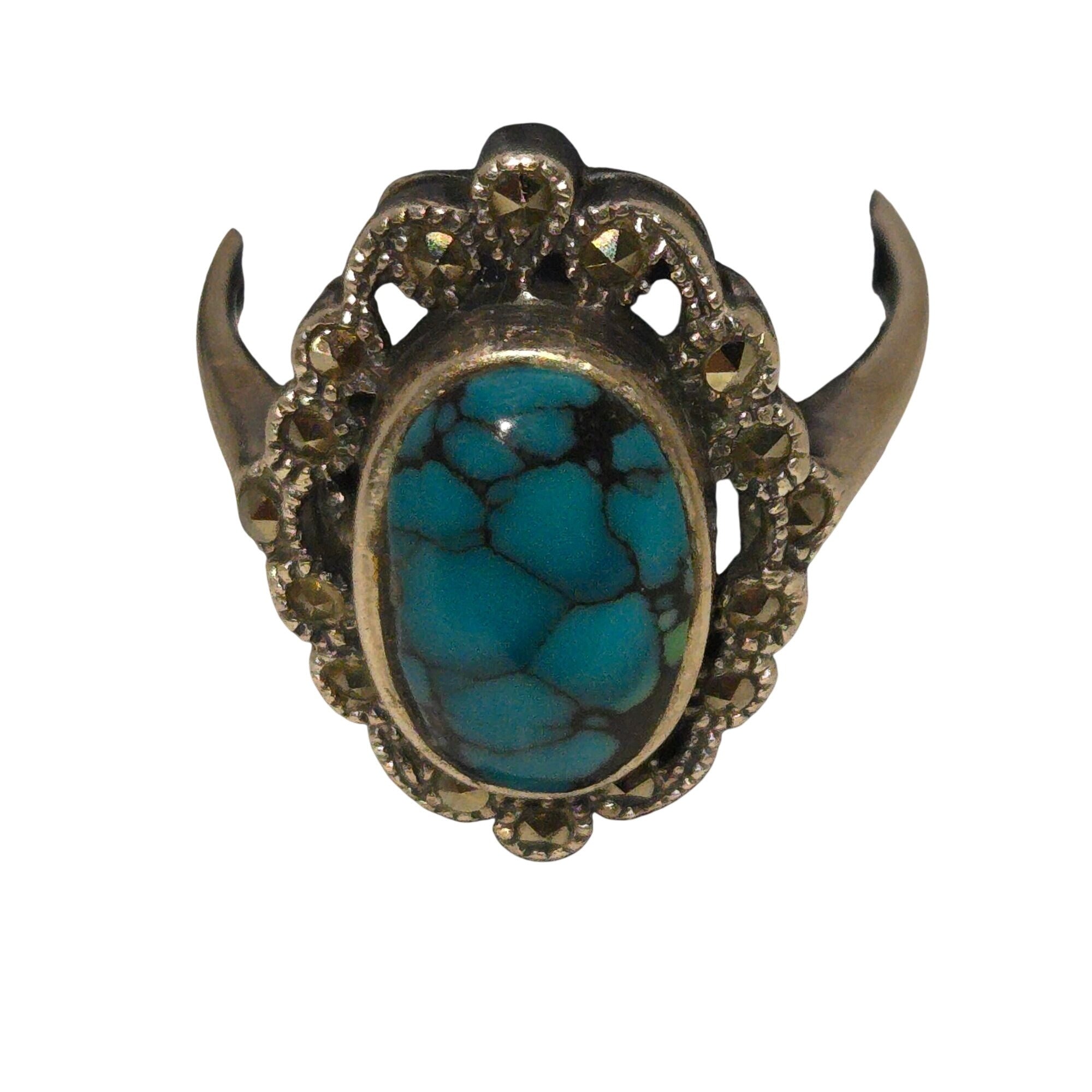 Vintage Sterling Silver Turquoise Marcasite Oval Ring Size 7 Southwest Spiderweb