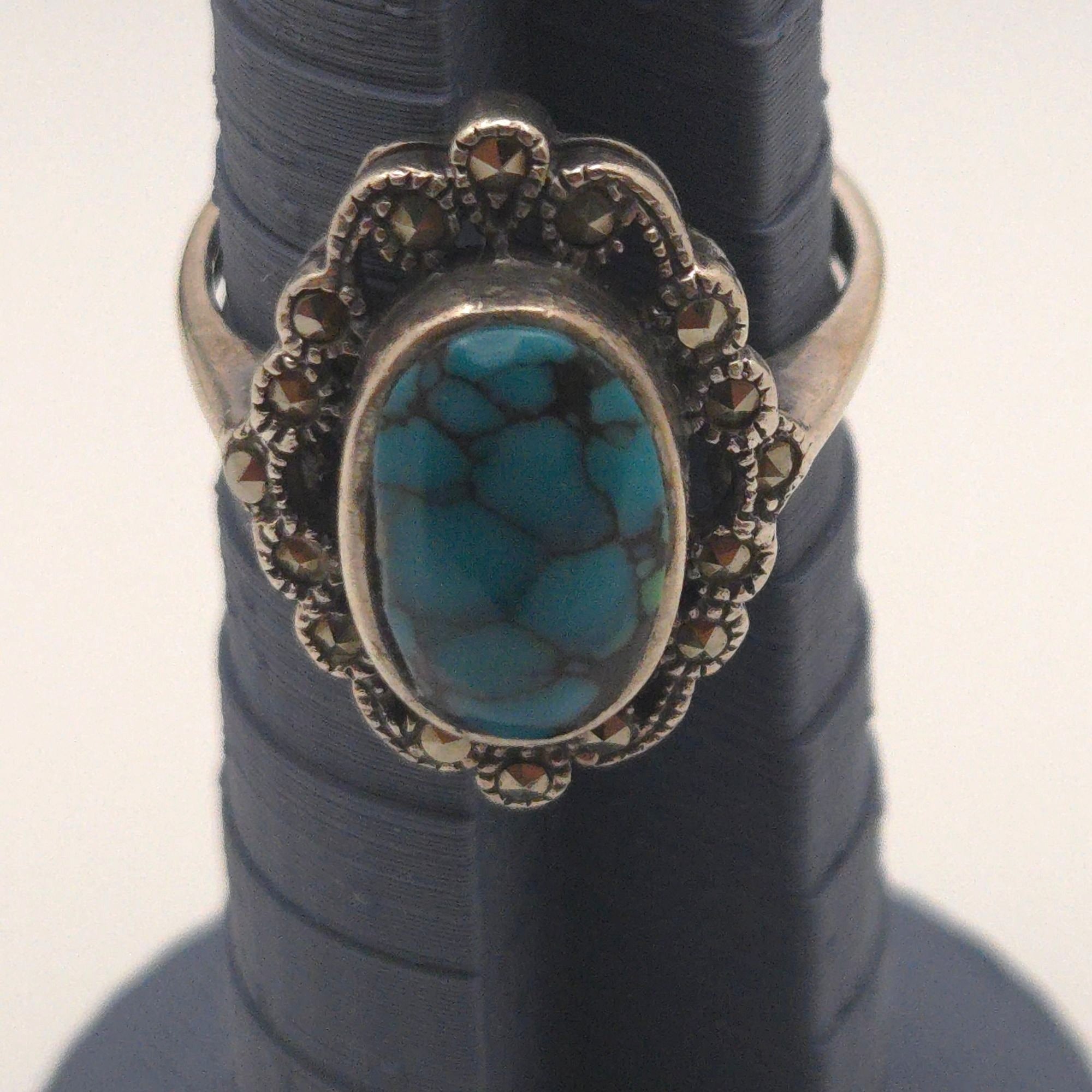 Vintage Sterling Silver Turquoise Marcasite Oval Ring Size 7 Southwest Spiderweb