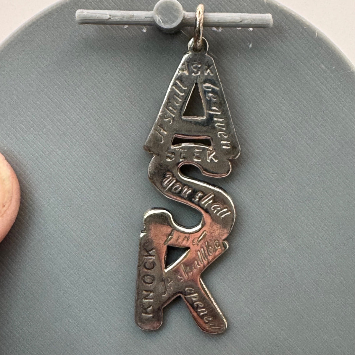 ASK Religious Pendant Charm Matthew 7:7 Silver Ton 2003 Christian Signed G Terry