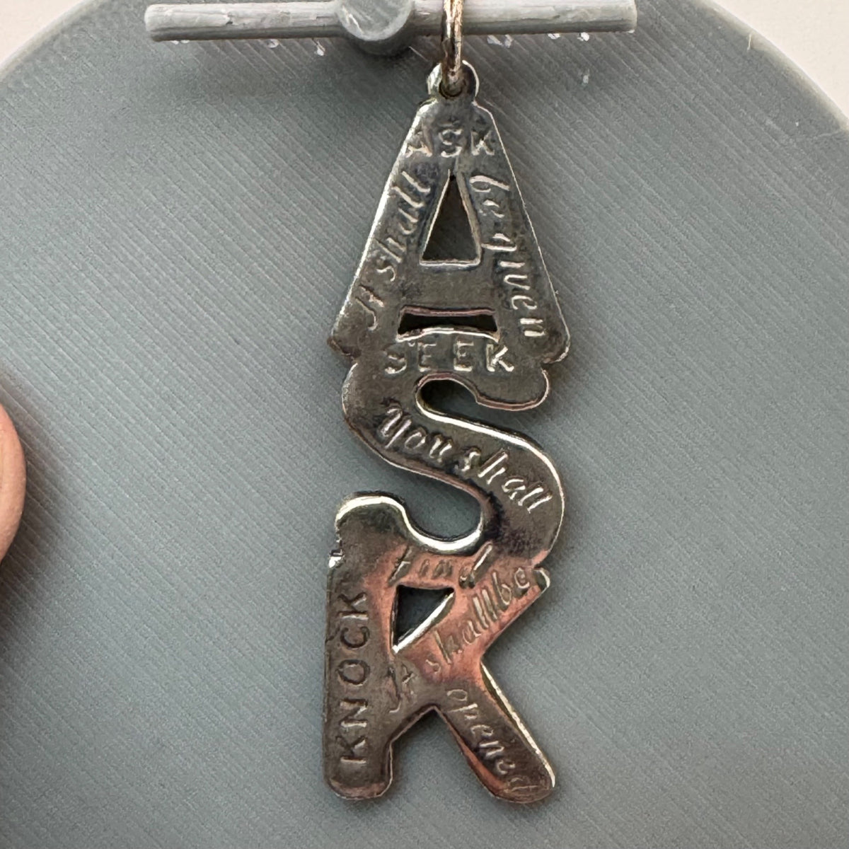 ASK Religious Pendant Charm Matthew 7:7 Silver Ton 2003 Christian Signed G Terry