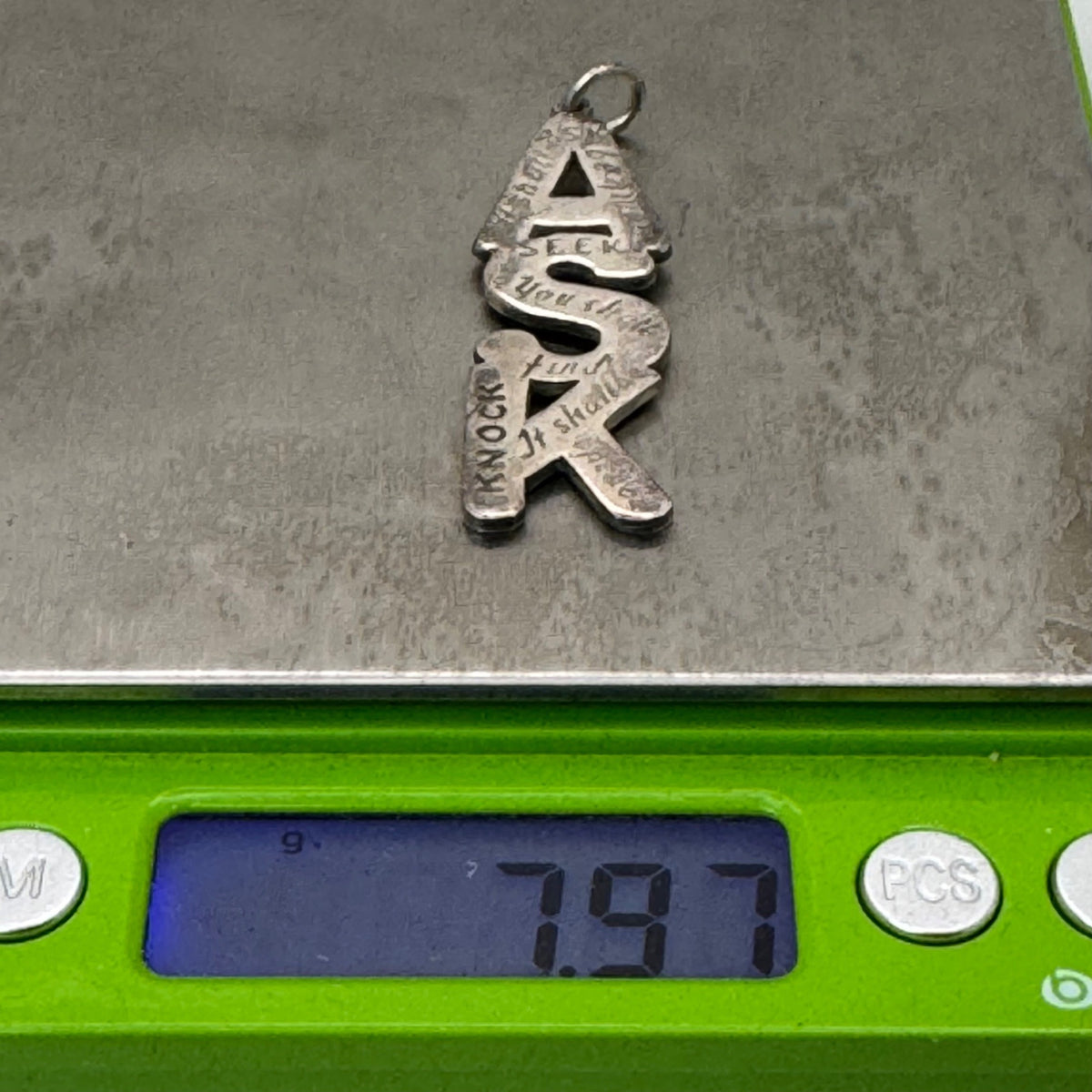 ASK Religious Pendant Charm Matthew 7:7 Silver Ton 2003 Christian Signed G Terry