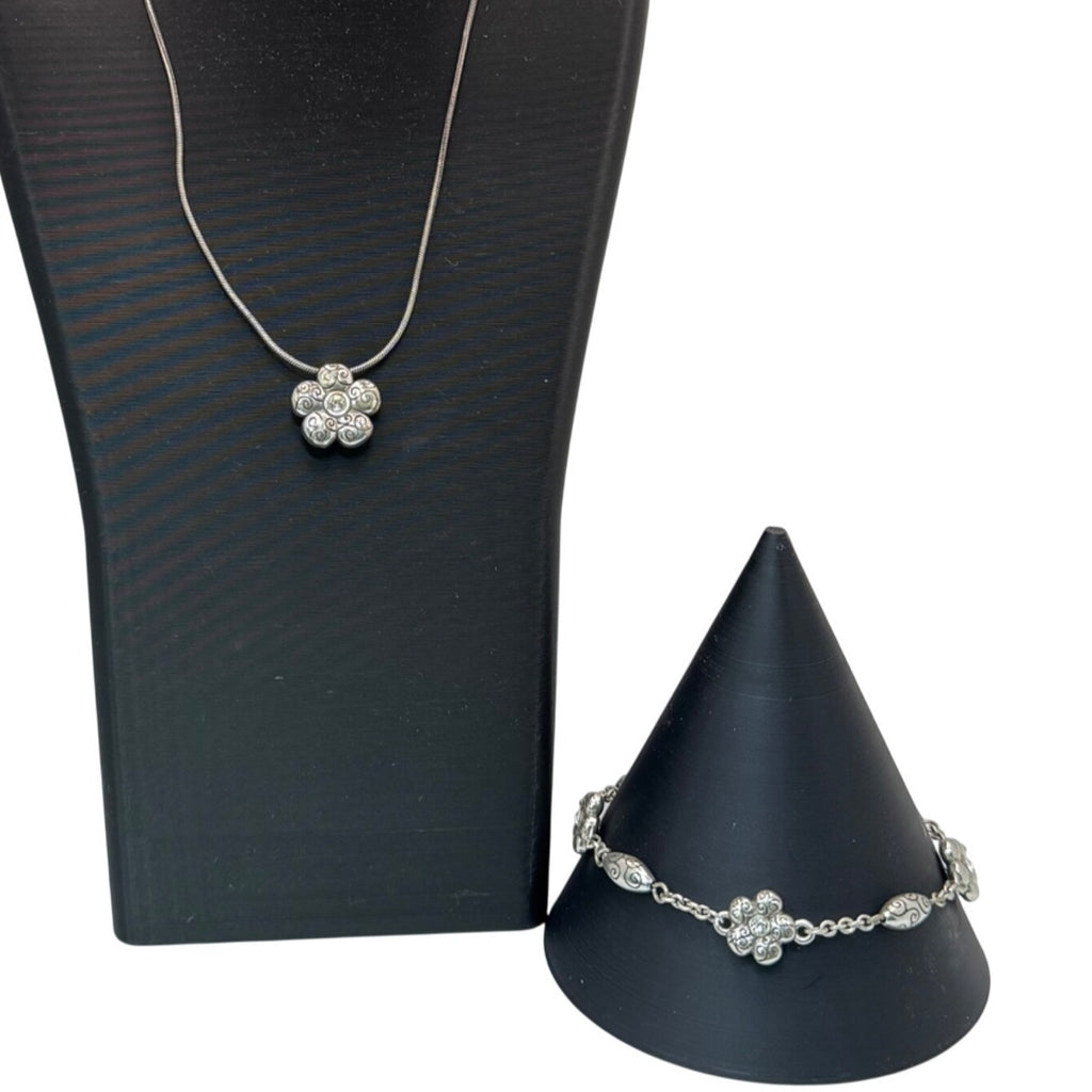Brighton La Vie Flower Set Silver Tone Necklace Bracelet Floral Crystal Accents