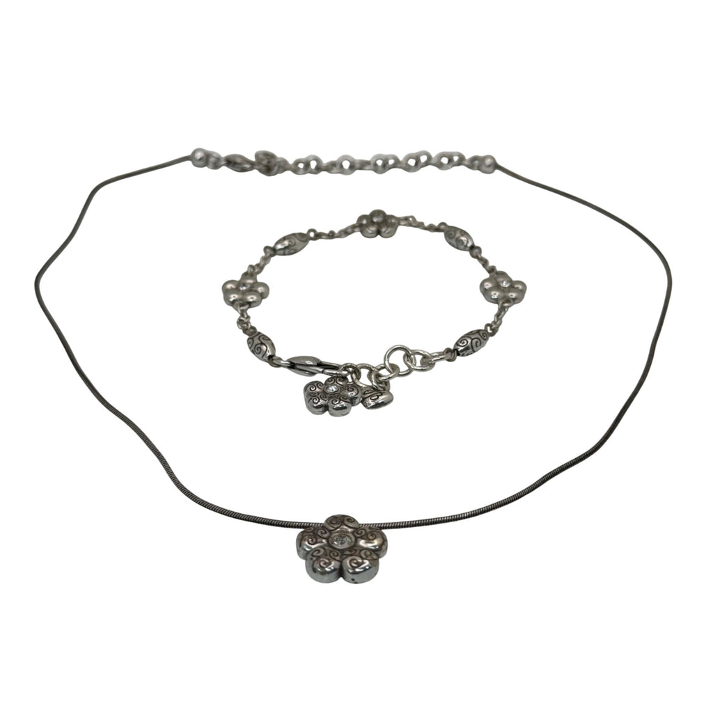 Brighton La Vie Flower Set Silver Tone Necklace Bracelet Floral Crystal Accents