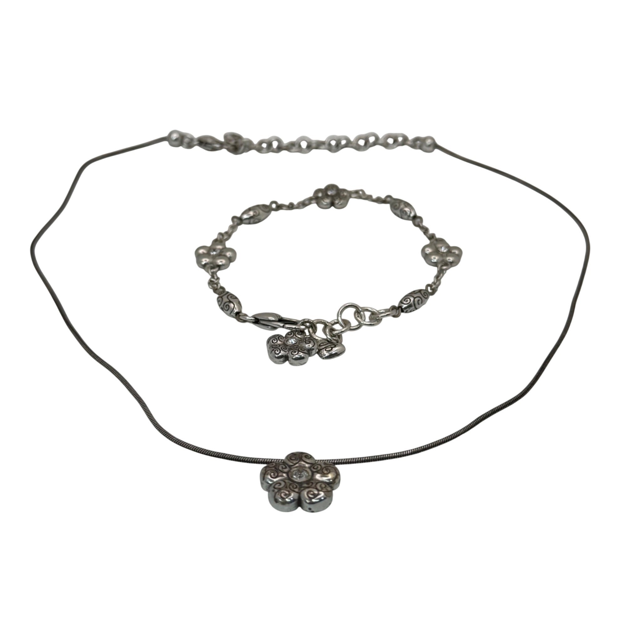Brighton La Vie Flower Set Silver Tone Necklace Bracelet Floral Crystal Accents