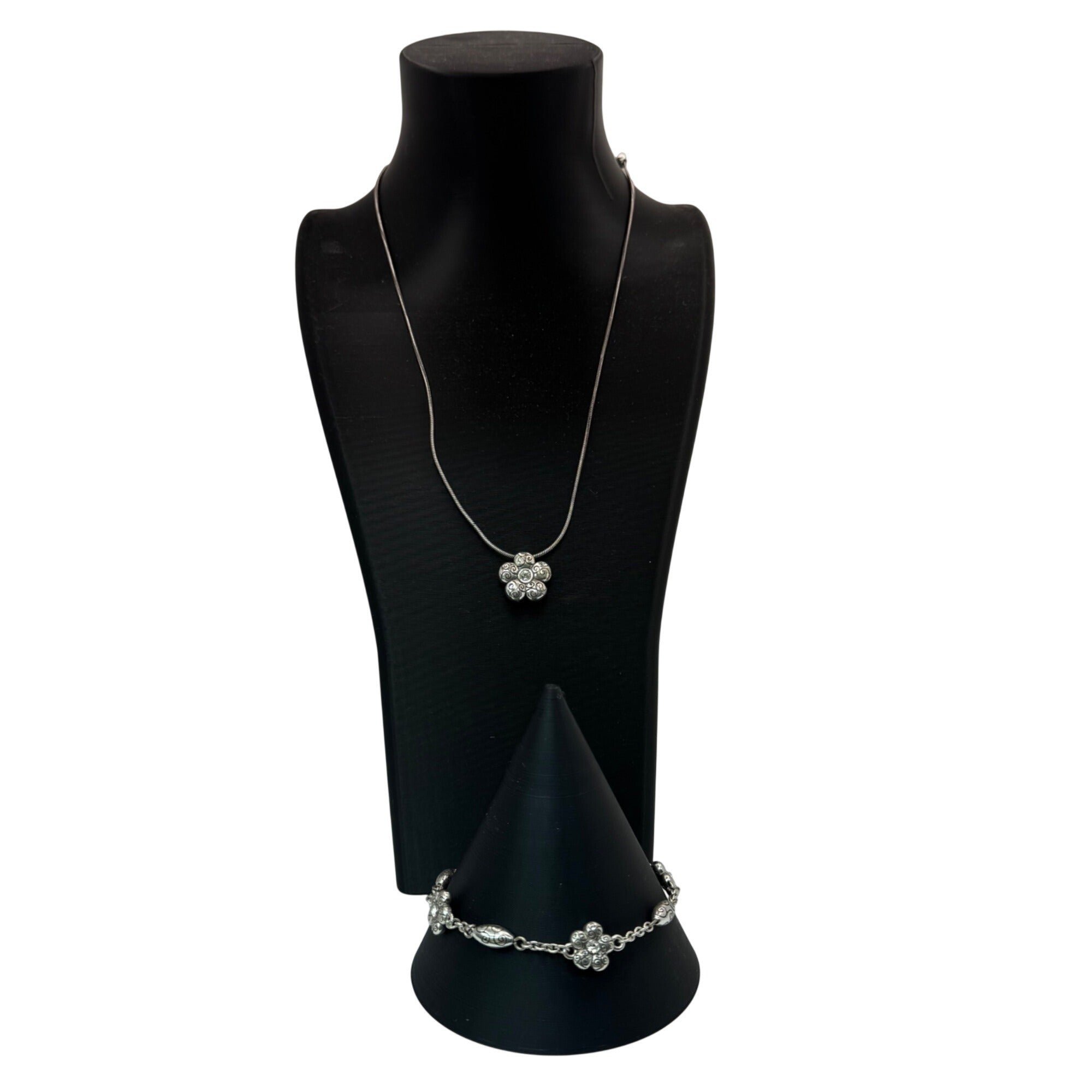 Brighton La Vie Flower Set Silver Tone Necklace Bracelet Floral Crystal Accents