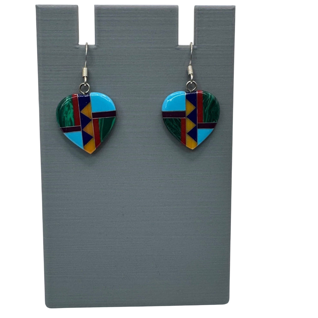 Vintage Mosaic Heart-Shaped Drop Dangle Earrings Geometric Inlay Southwest 1"