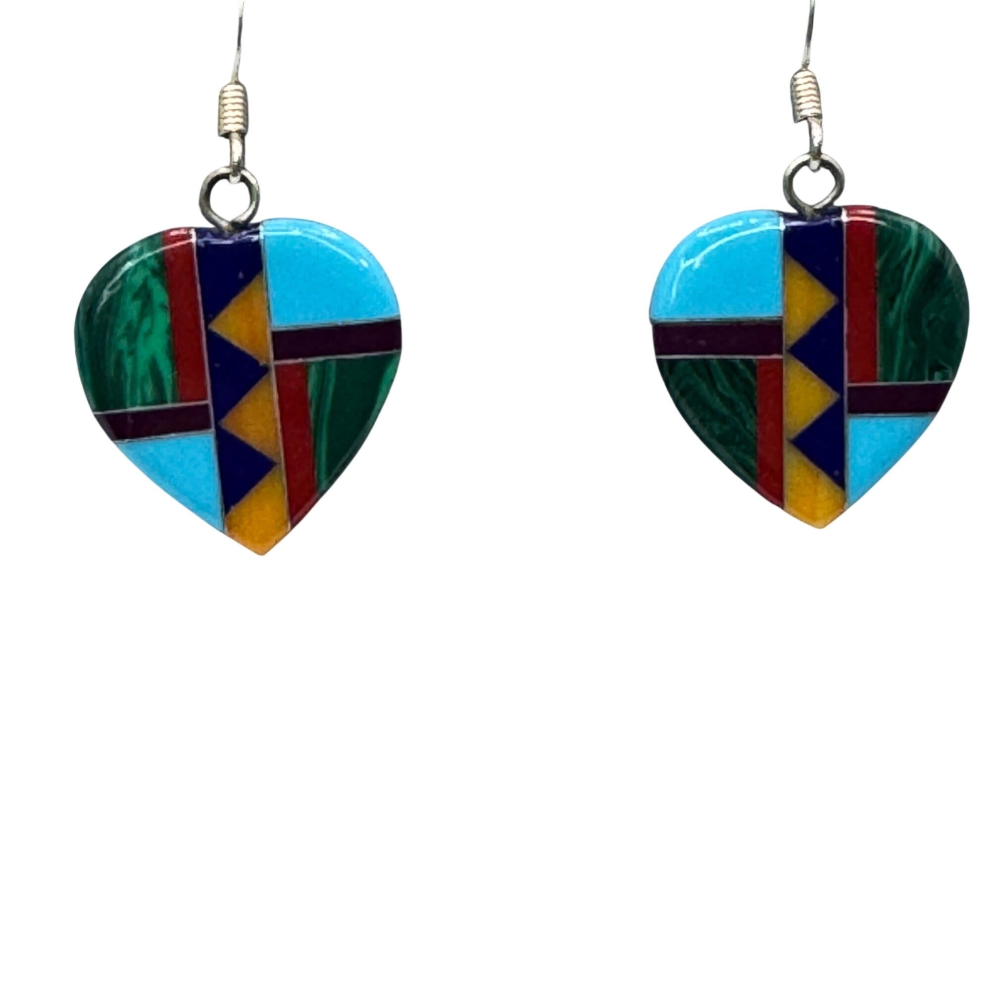 Vintage Mosaic Heart-Shaped Drop Dangle Earrings Geometric Inlay Southwest 1"