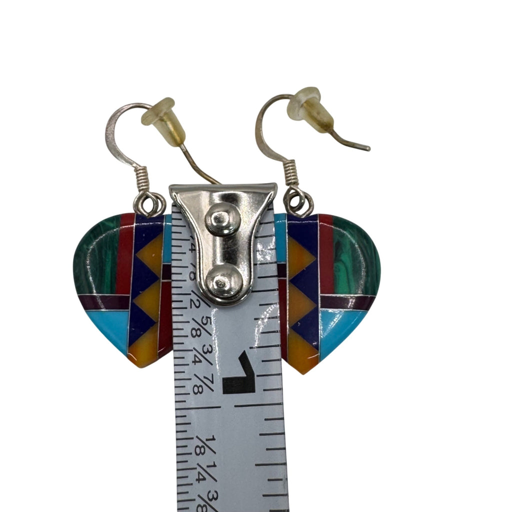 Vintage Mosaic Heart-Shaped Drop Dangle Earrings Geometric Inlay Southwest 1"
