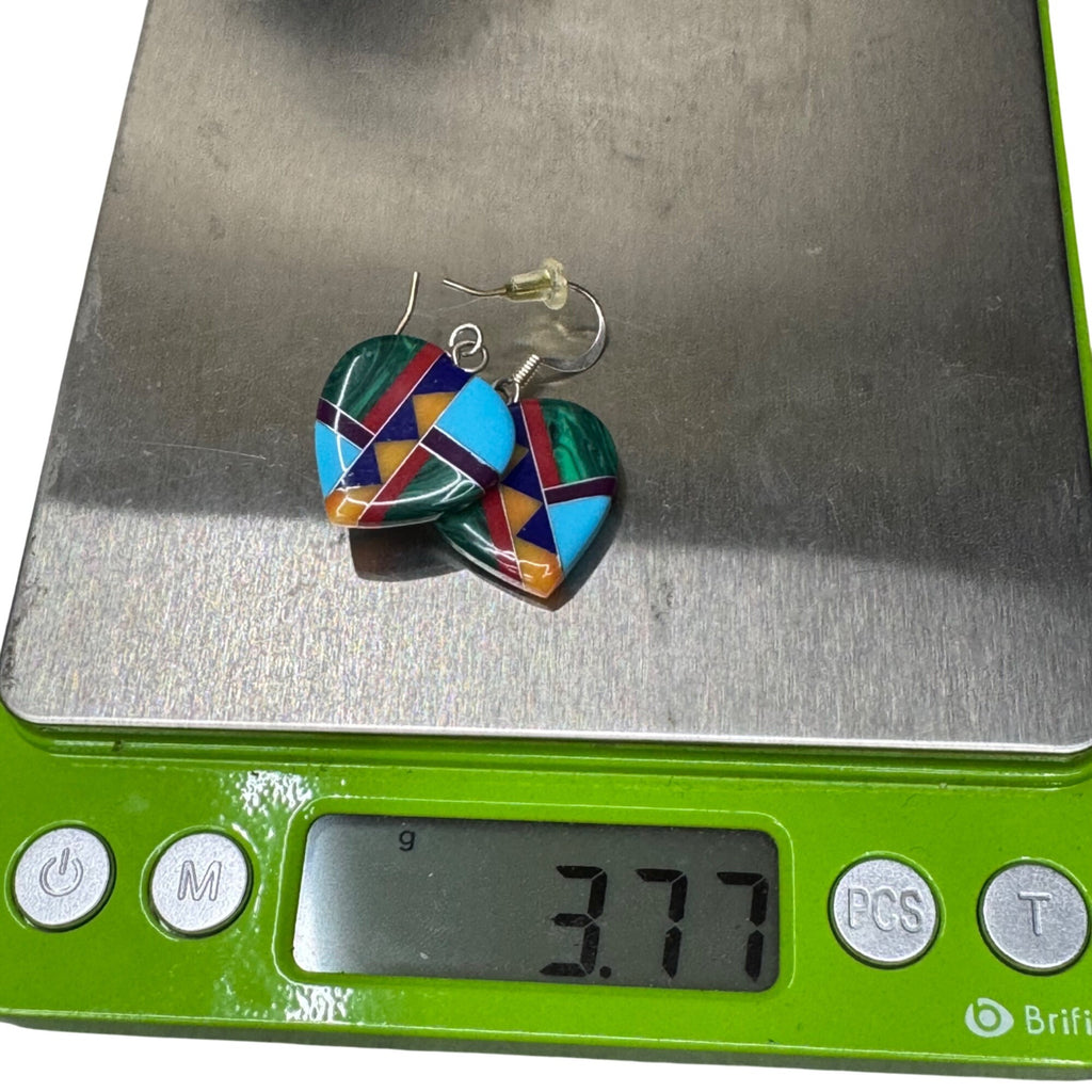 Vintage Mosaic Heart-Shaped Drop Dangle Earrings Geometric Inlay Southwest 1"