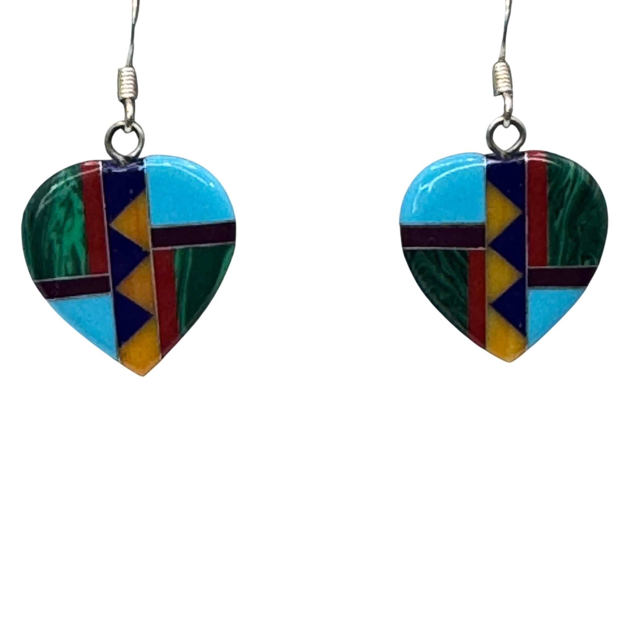 Vintage Mosaic Heart-Shaped Drop Dangle Earrings Geometric Inlay Southwest 1"
