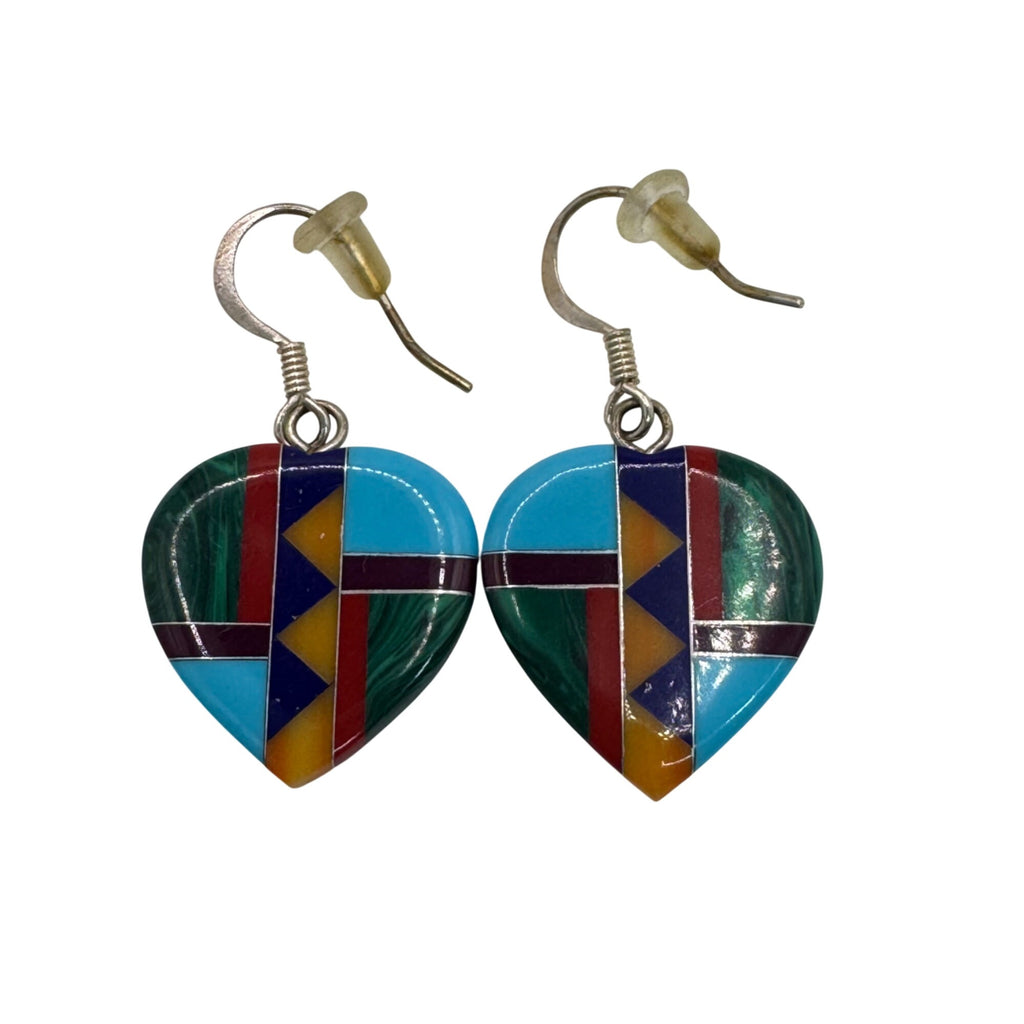 Vintage Mosaic Heart-Shaped Drop Dangle Earrings Geometric Inlay Southwest 1"