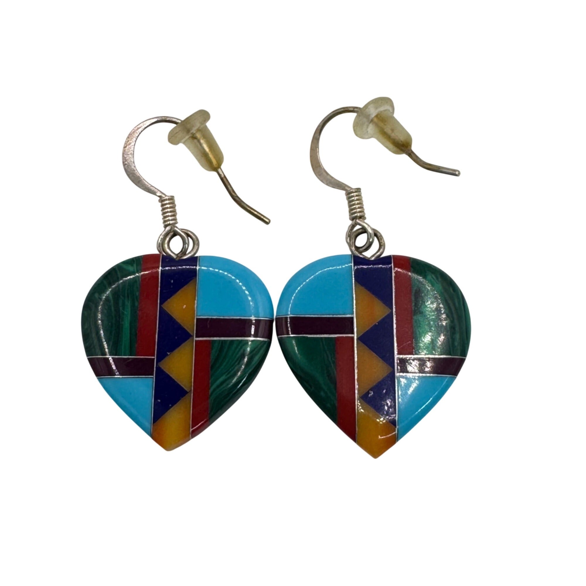 Vintage Mosaic Heart-Shaped Drop Dangle Earrings Geometric Inlay Southwest 1"