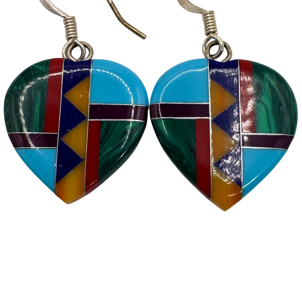 Vintage Mosaic Heart-Shaped Drop Dangle Earrings Geometric Inlay Southwest 1"