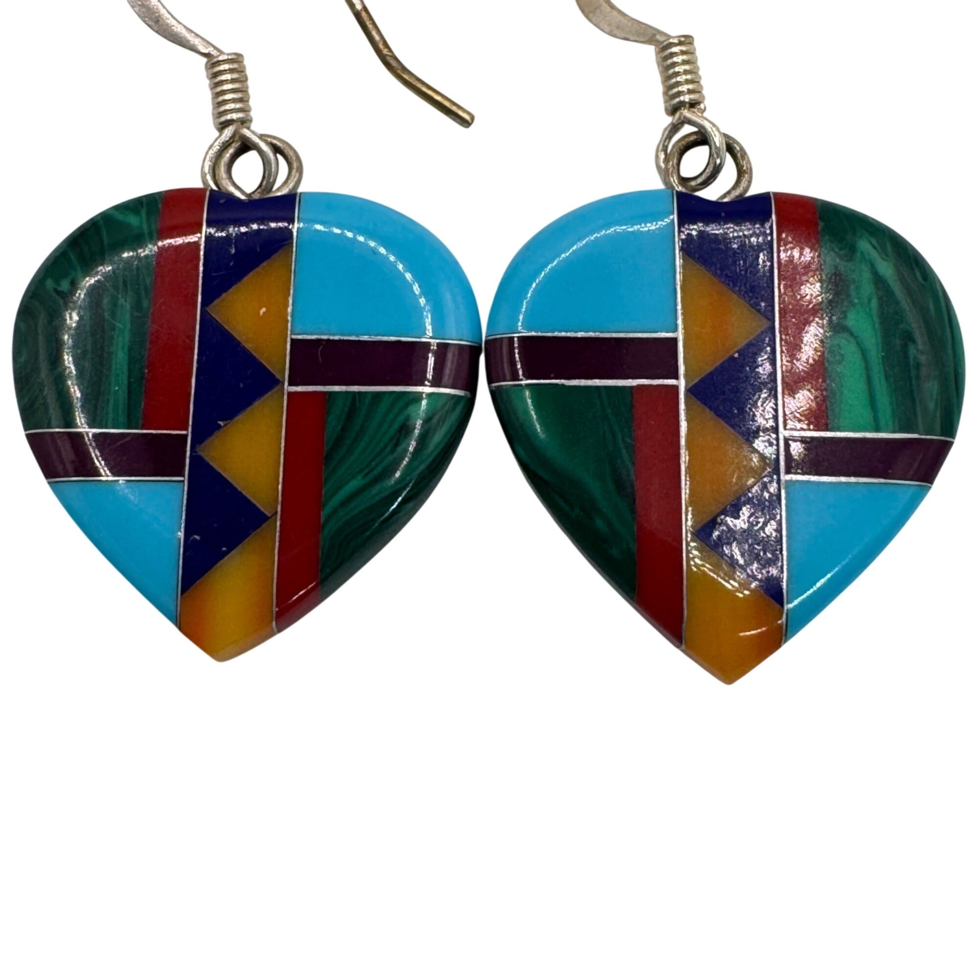 Vintage Mosaic Heart-Shaped Drop Dangle Earrings Geometric Inlay Southwest 1"