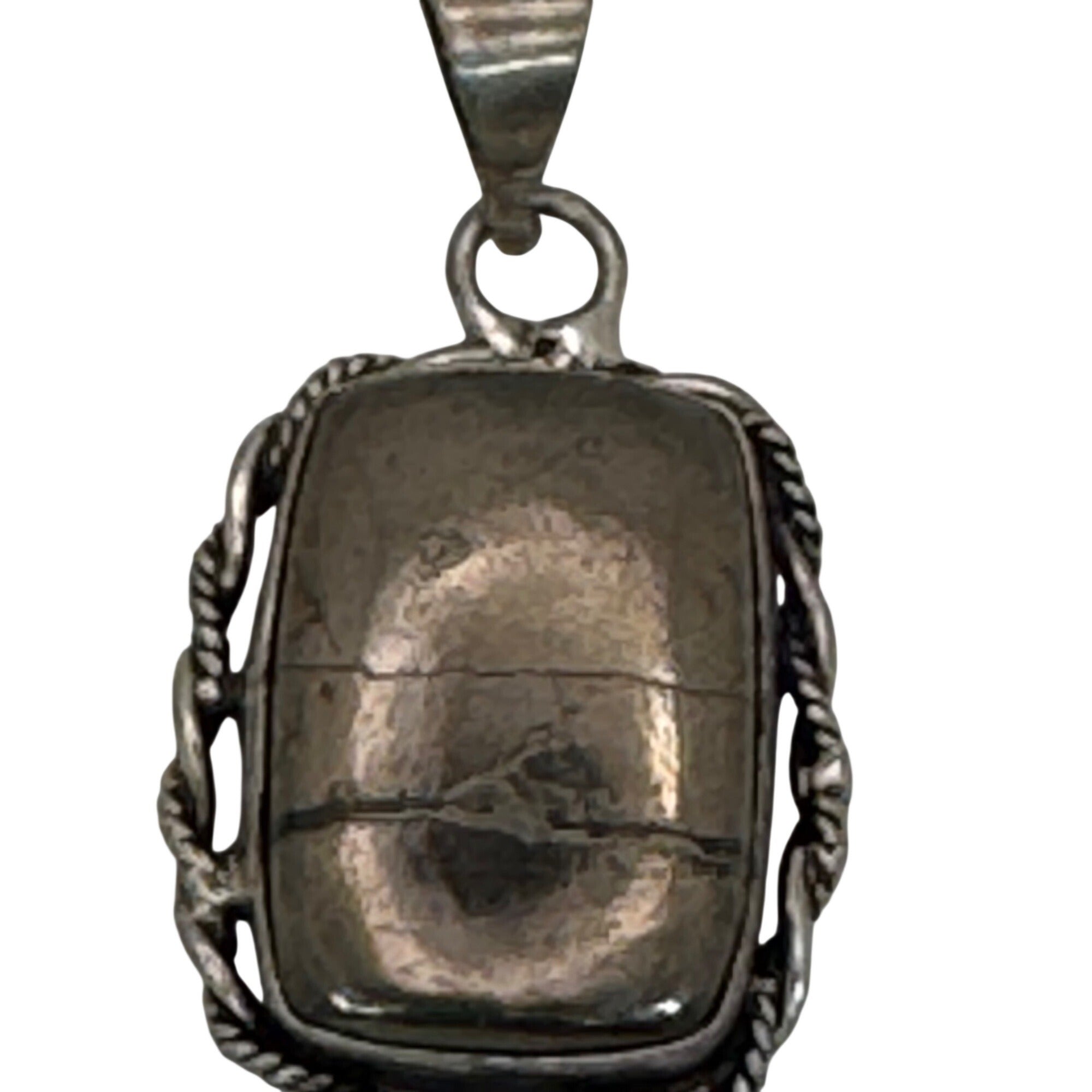 Vintage Cracked Hematite Sterling Silver Pendant Twisted Rope Border Design SEE