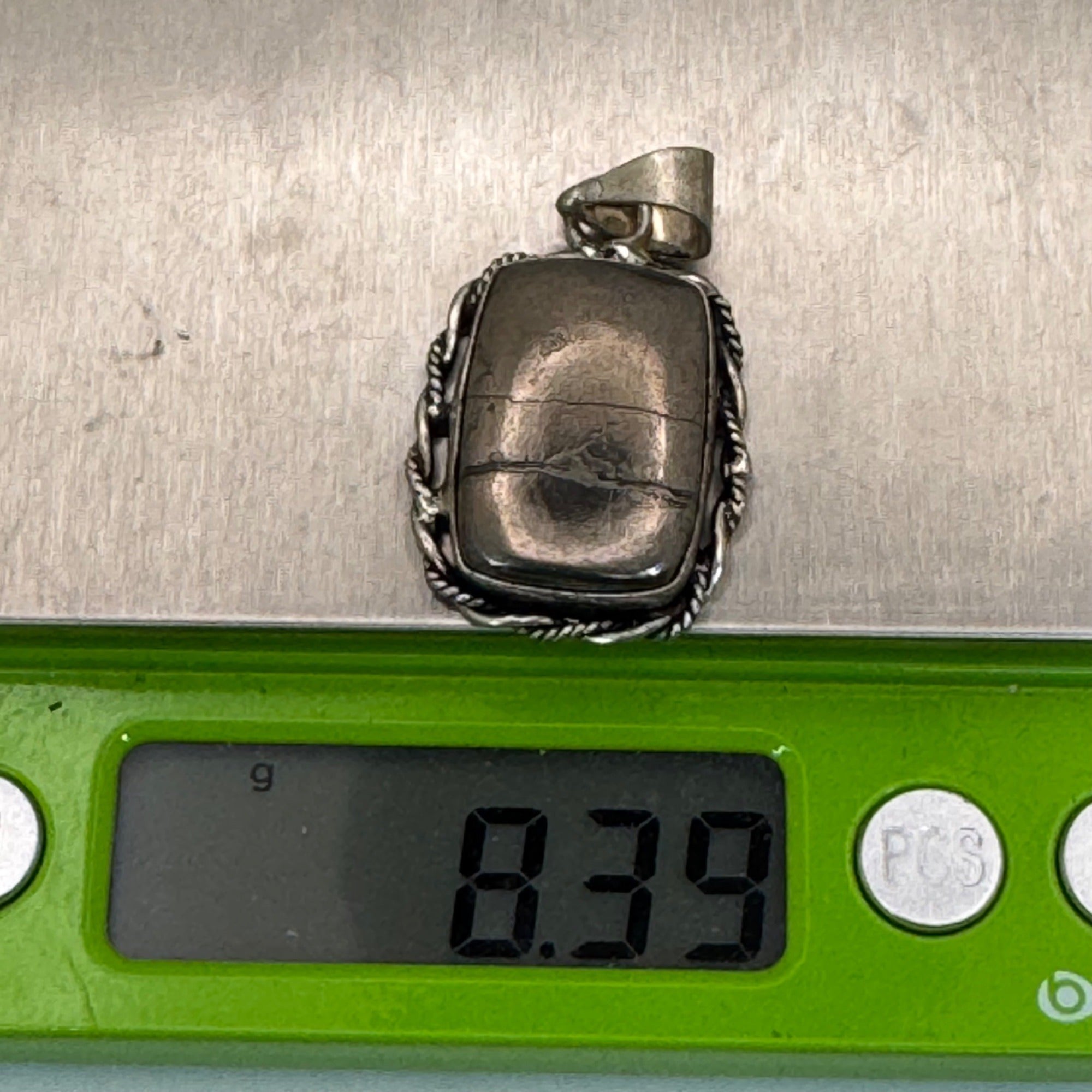 Vintage Cracked Hematite Sterling Silver Pendant Twisted Rope Border Design SEE