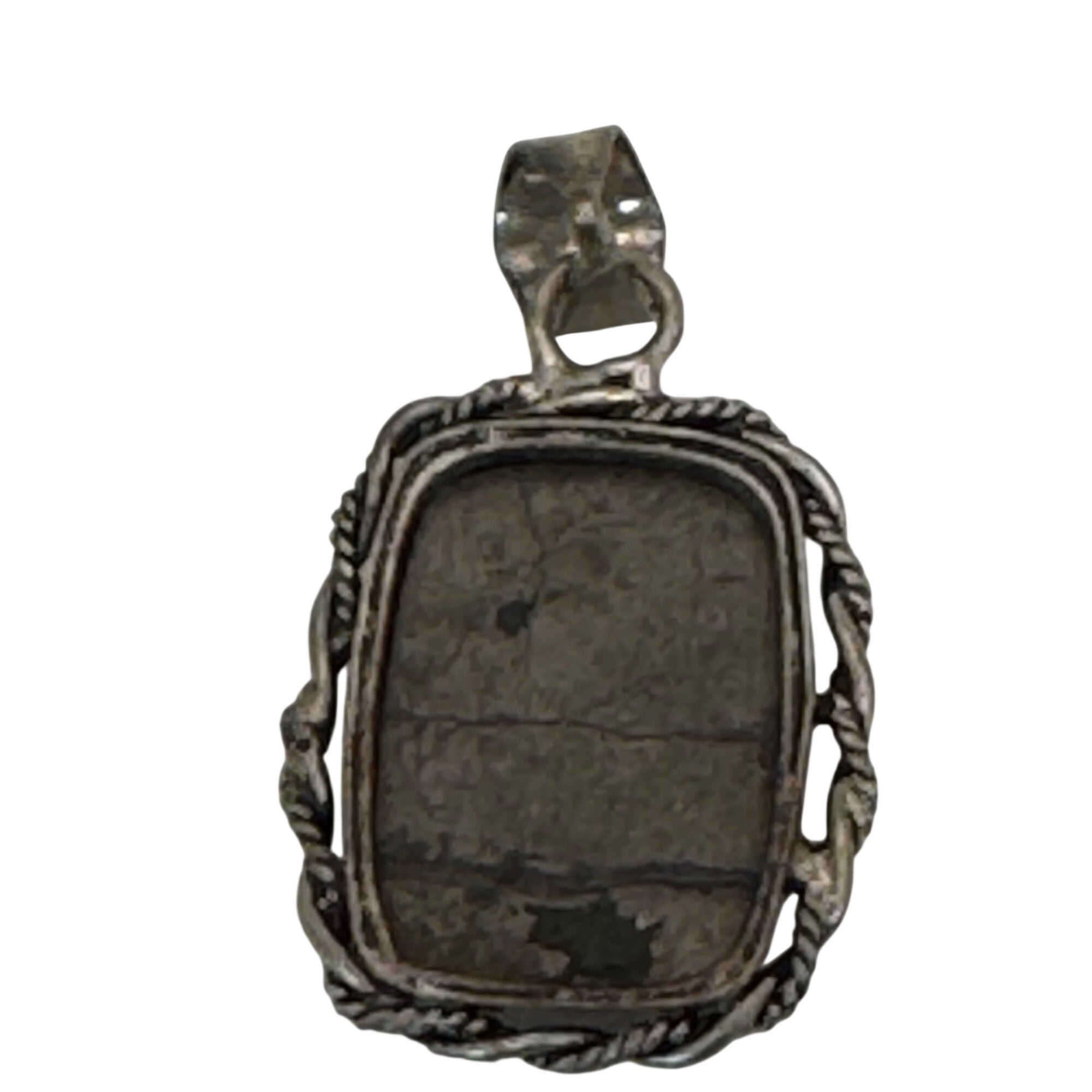 Vintage Cracked Hematite Sterling Silver Pendant Twisted Rope Border Design SEE