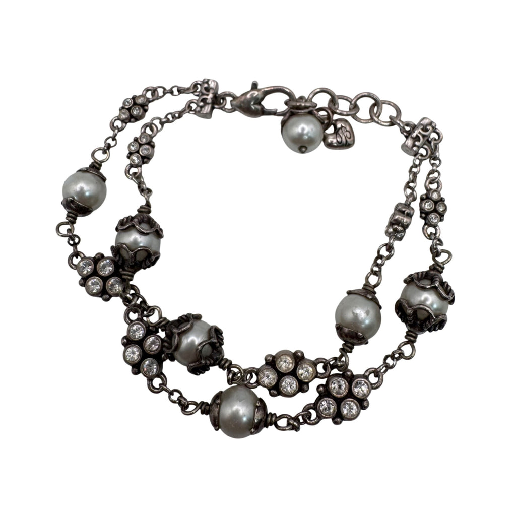Retired Brighton Atma Double Strand Silver Toned Faux Pearls Rhinestone Bracelet