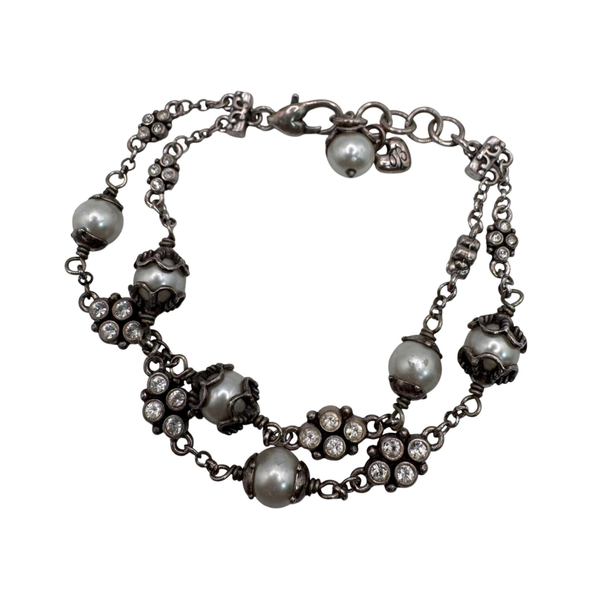 Retired Brighton Atma Double Strand Silver Toned Faux Pearls Rhinestone Bracelet